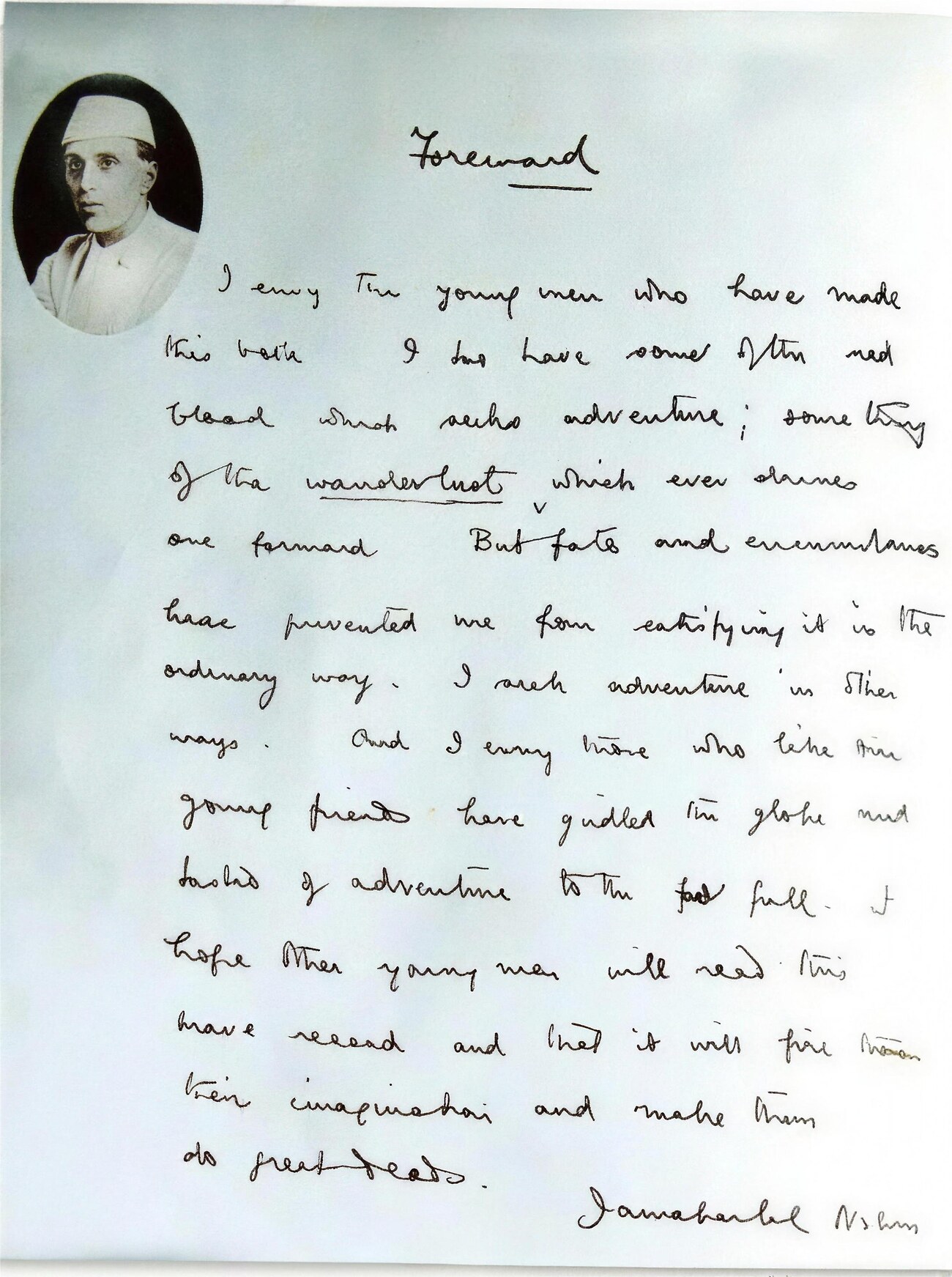 The handwritten foreword to the book, with a portrait of Jawaharlal Nehru and his signature