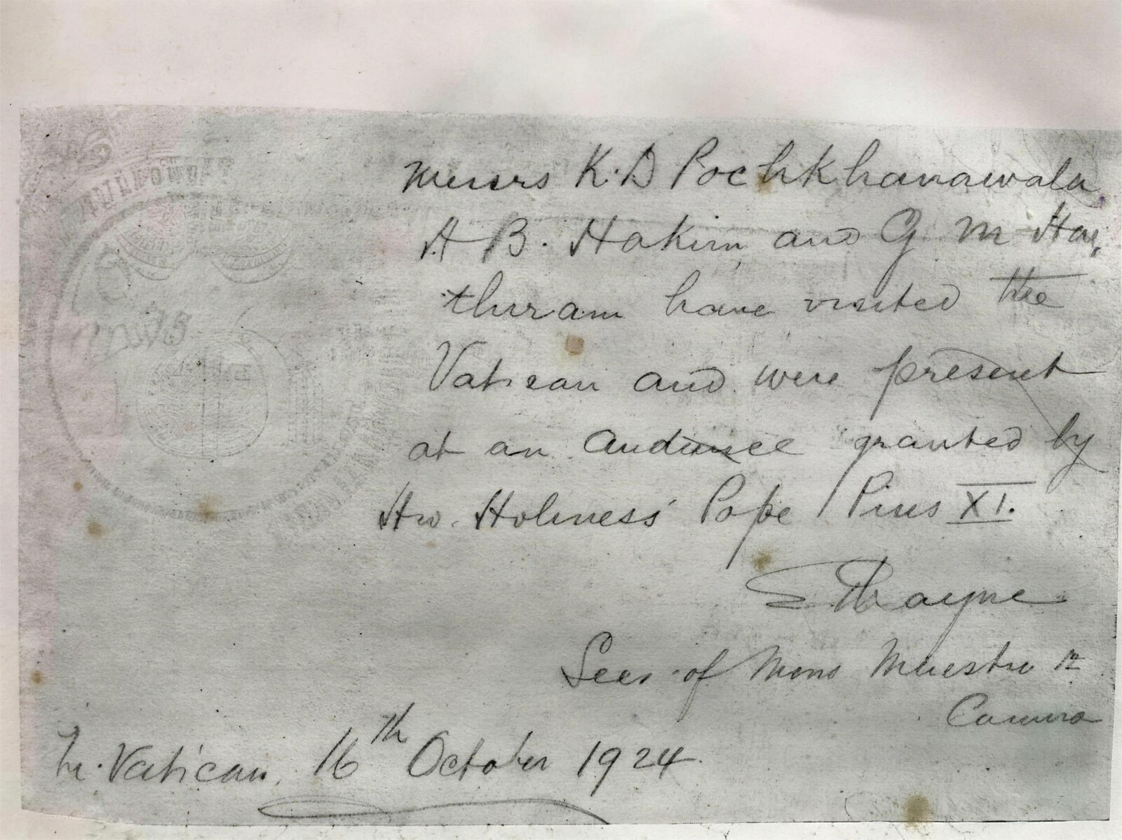A handwritten note from the Vatican confirming the cyclists attended an audience with Pope Pius XI on 16 October 1924