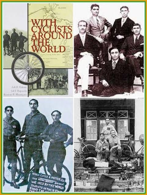 A collage of four archival photographs of the cyclists and their journey