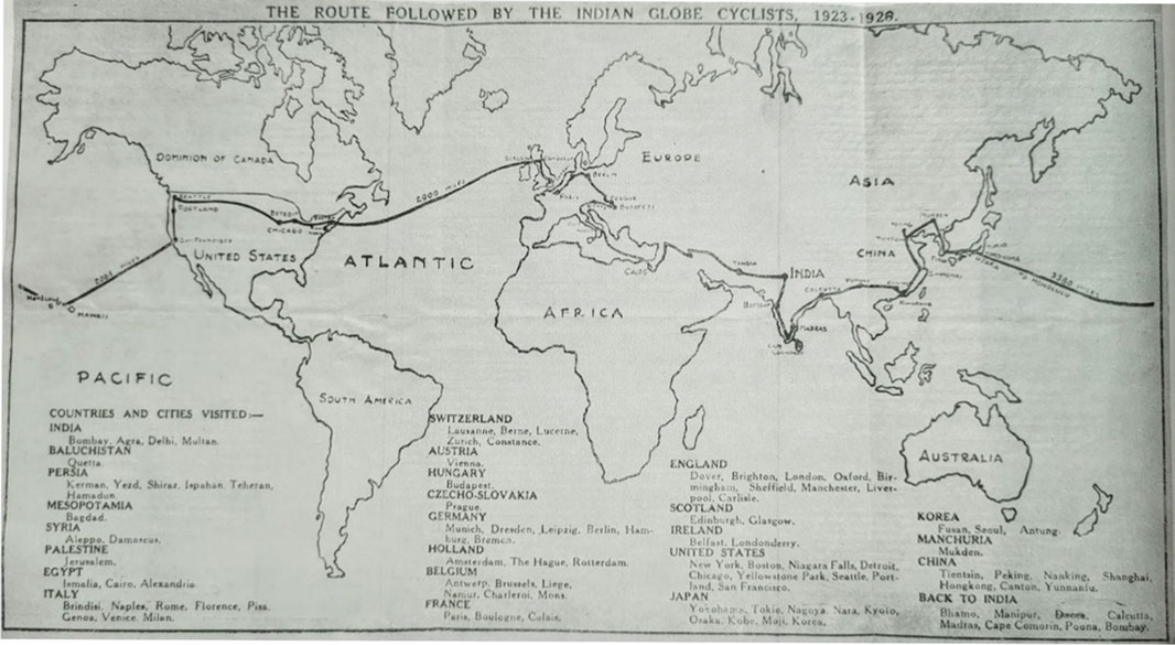 The cyclists' own hand-drawn map of the route they followed around the world, 1923 to 1928
